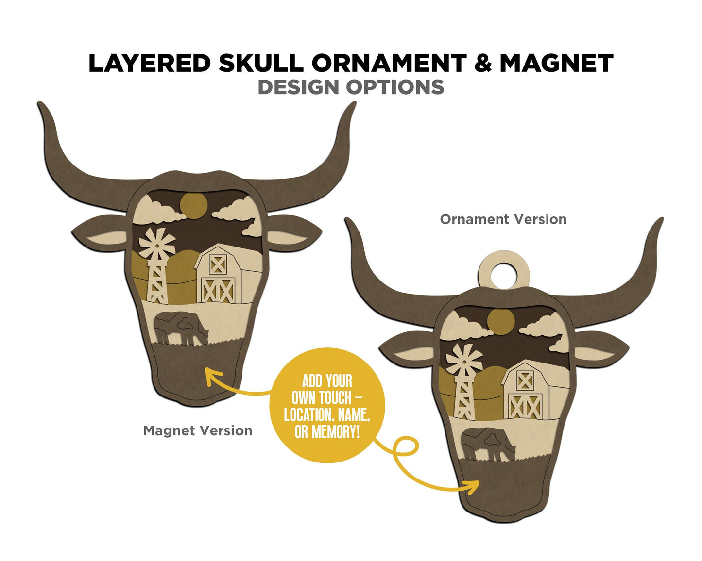 Layered Bull - Ornament and Magnet - SVG, PDF, AI File Download - Works with all Laser Types