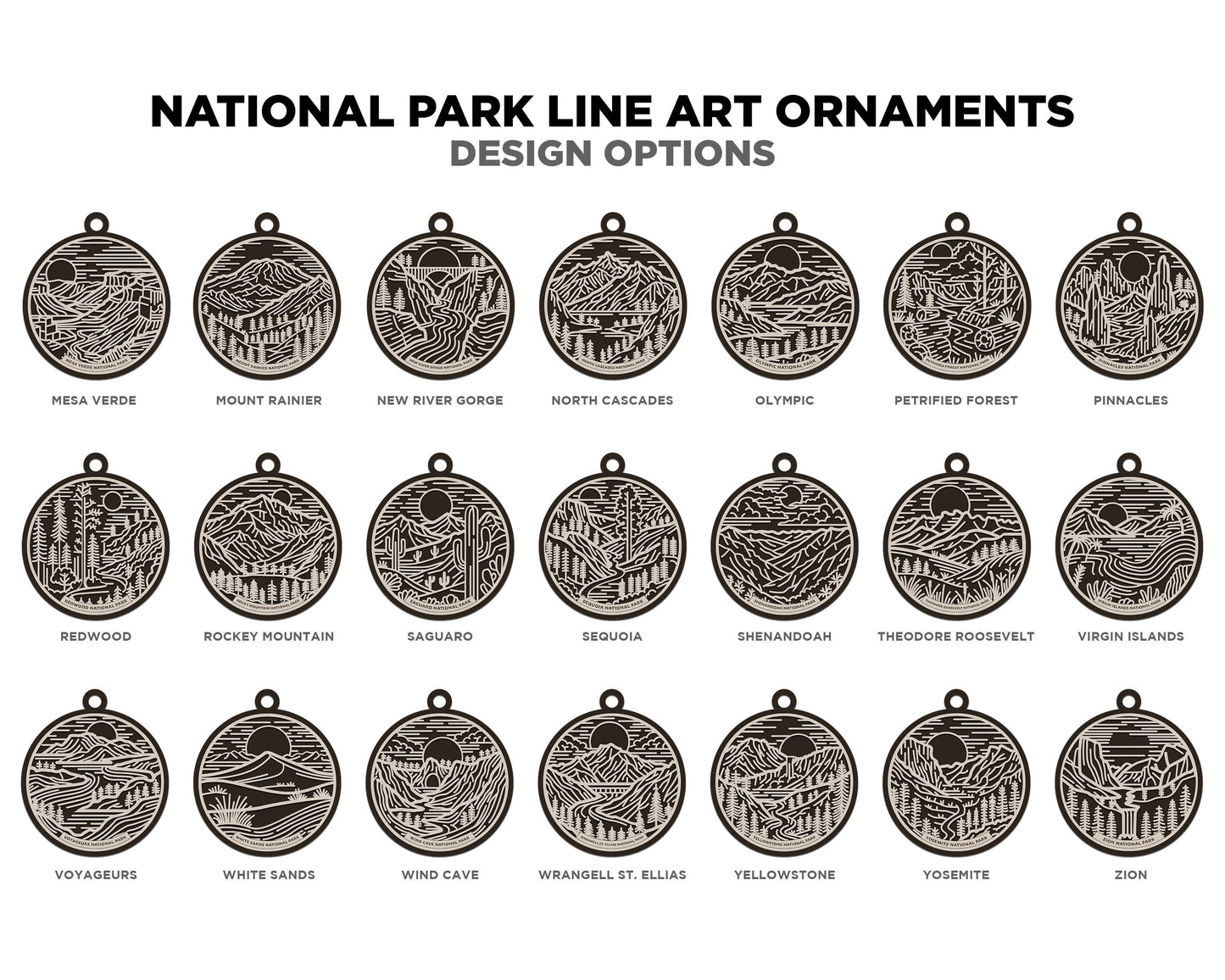 US National Park Line Art Ornaments - 63 Parks includes - SVG, PDF, ai File Download - Works with all Lasers