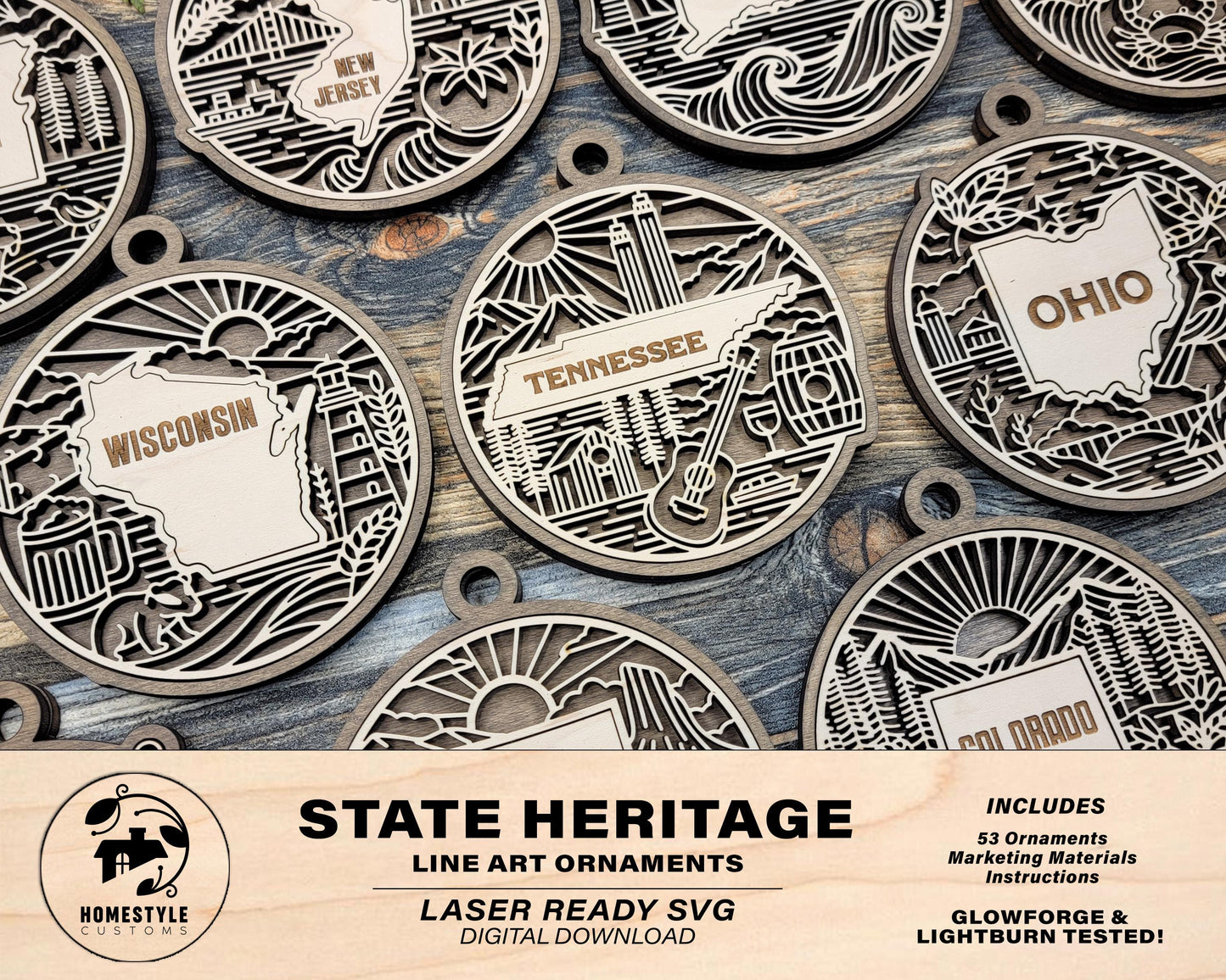 US Heritage State Line Ornaments - 53 Ornaments includes - SVG, PDF, ai File Download - Works with all Lasers