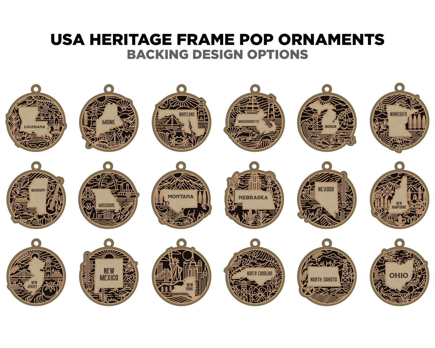 US Heritage State Line Ornaments - 53 Ornaments includes - SVG, PDF, ai File Download - Works with all Lasers