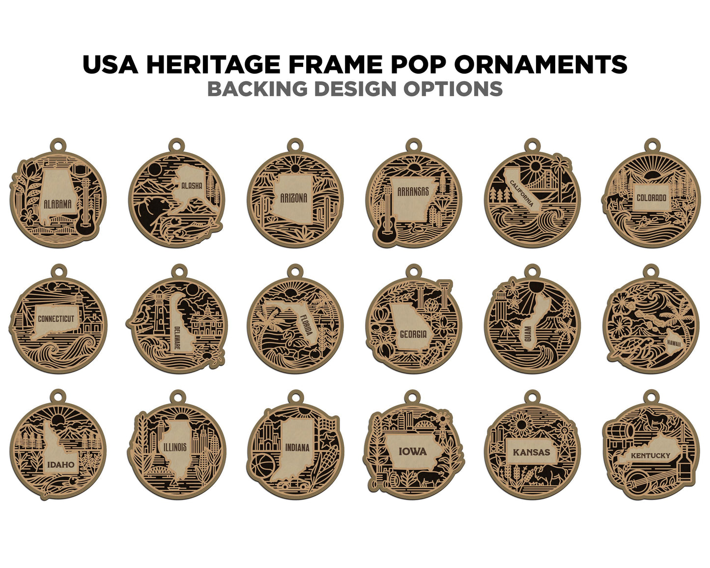 US Heritage State Line Ornaments - 53 Ornaments includes - SVG, PDF, ai File Download - Works with all Lasers