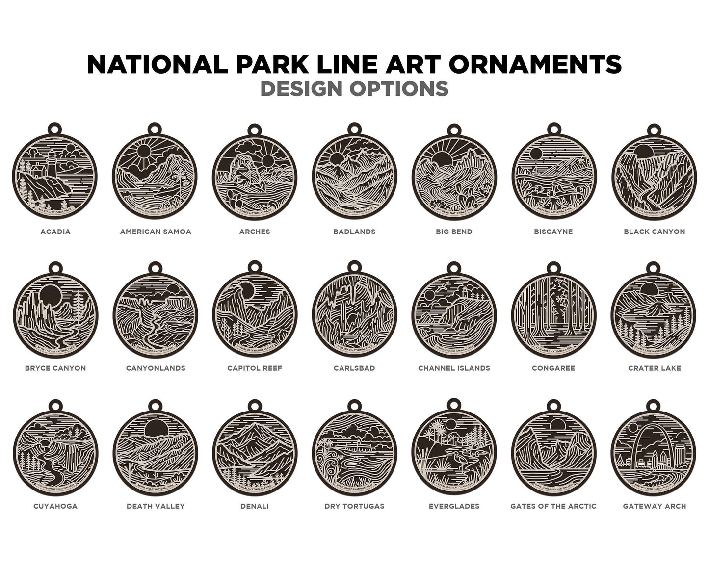US National Park Line Art Ornaments - 63 Parks includes - SVG, PDF, ai File Download - Works with all Lasers