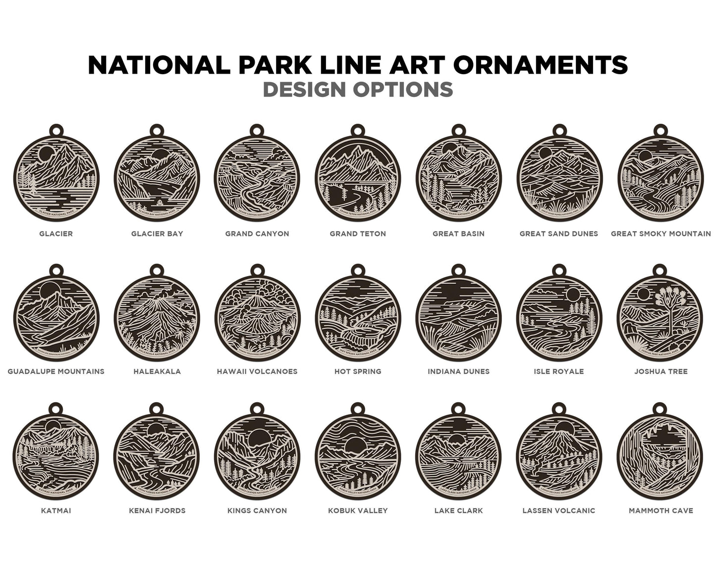US National Park Line Art Ornaments - 63 Parks includes - SVG, PDF, ai File Download - Works with all Lasers