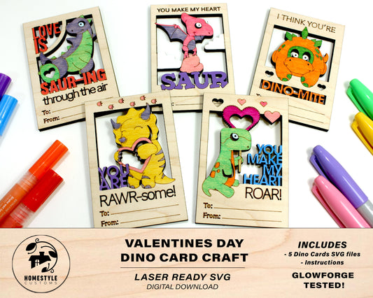 Valentines DIY Dinosaur Paint Card Craft - SVG File Download - Sized for Glowforge