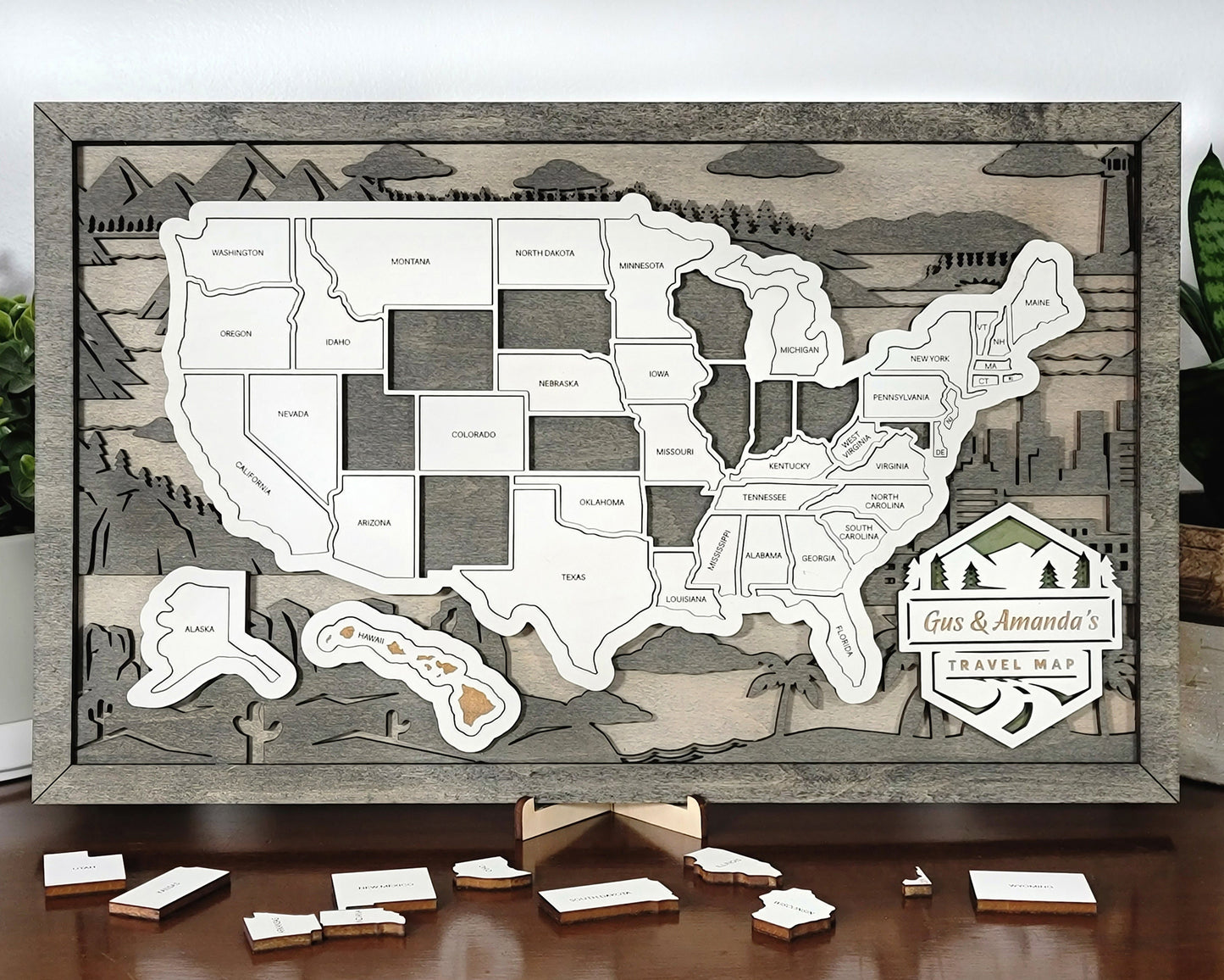 The Homestyle Travel Map -  7 Backgrounds & 11 Customizable Name Plates - SVG File Download - Sized for Glowforge