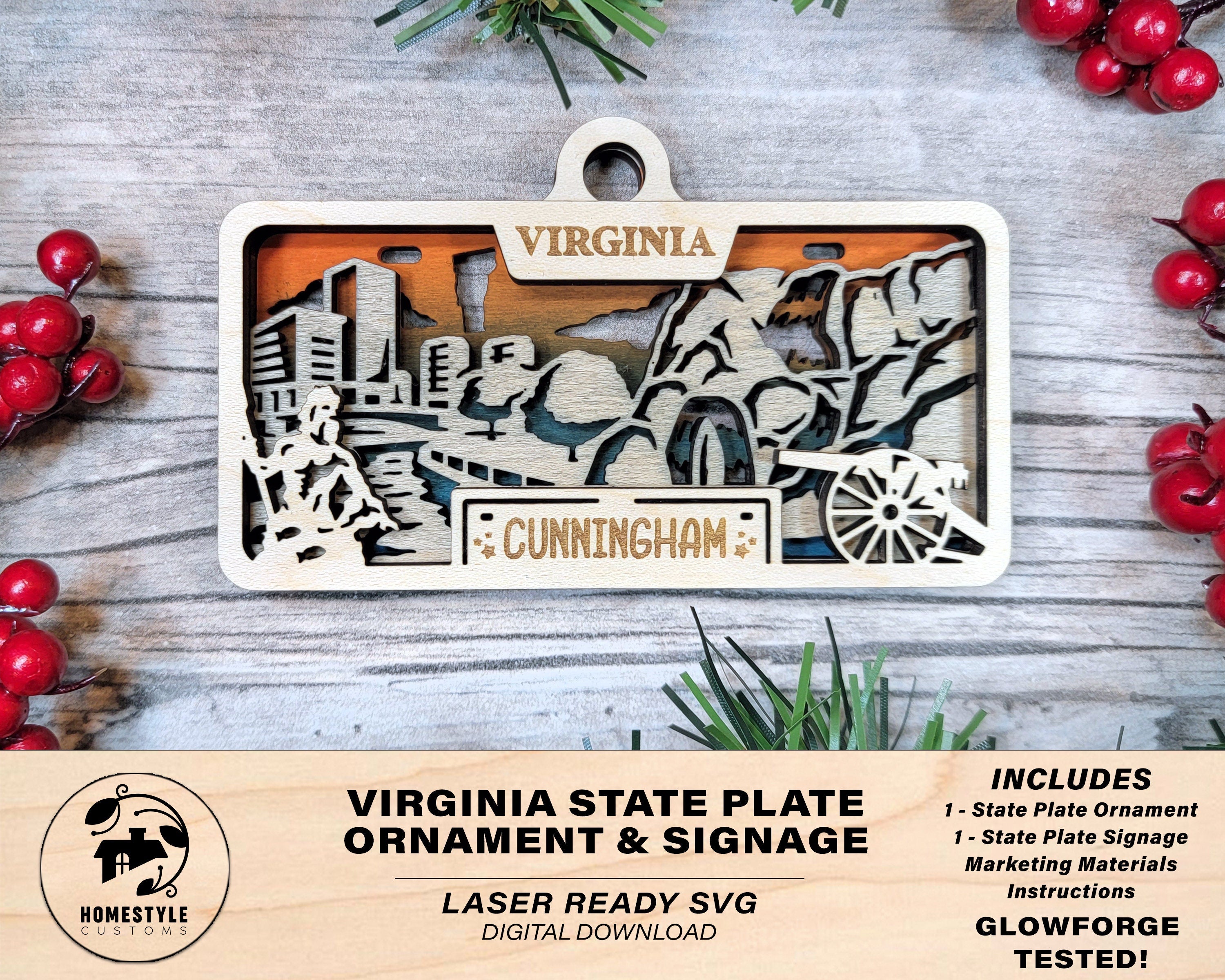 Virginia State Ornament - SVG File Download - Sized for Glowforge