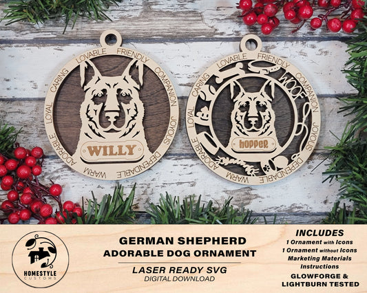 German Shepherd - Adorable Dog Ornaments - 2 Ornaments included - SVG, PDF, AI File Download - Sized for Glowforge