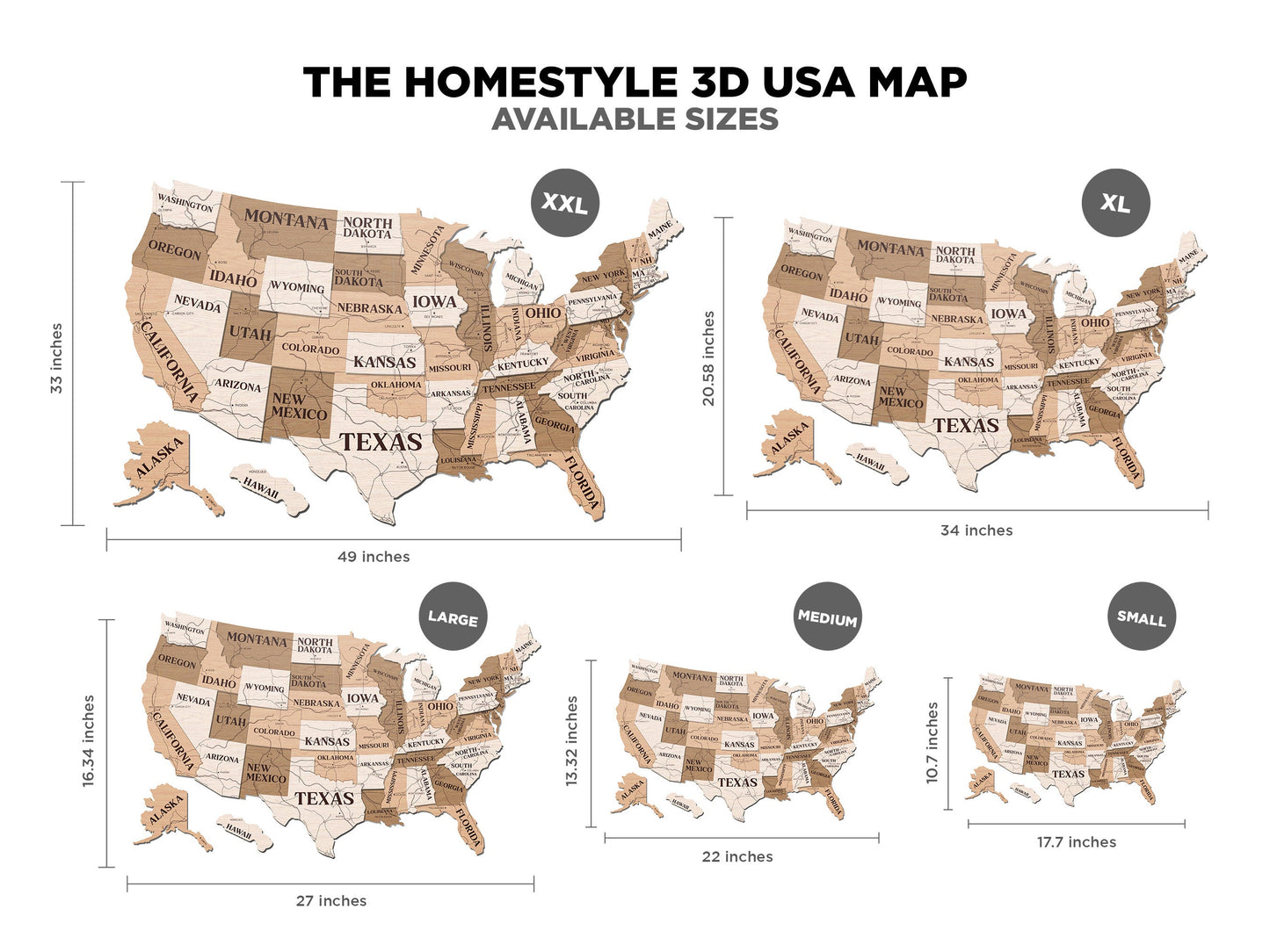 The Homestyle 3D USA Map -  3 Engrave, 7 Sizes with 2 Oversize Options for Small Lasers - SVG File Download - Glowforge & Lightburn Tested