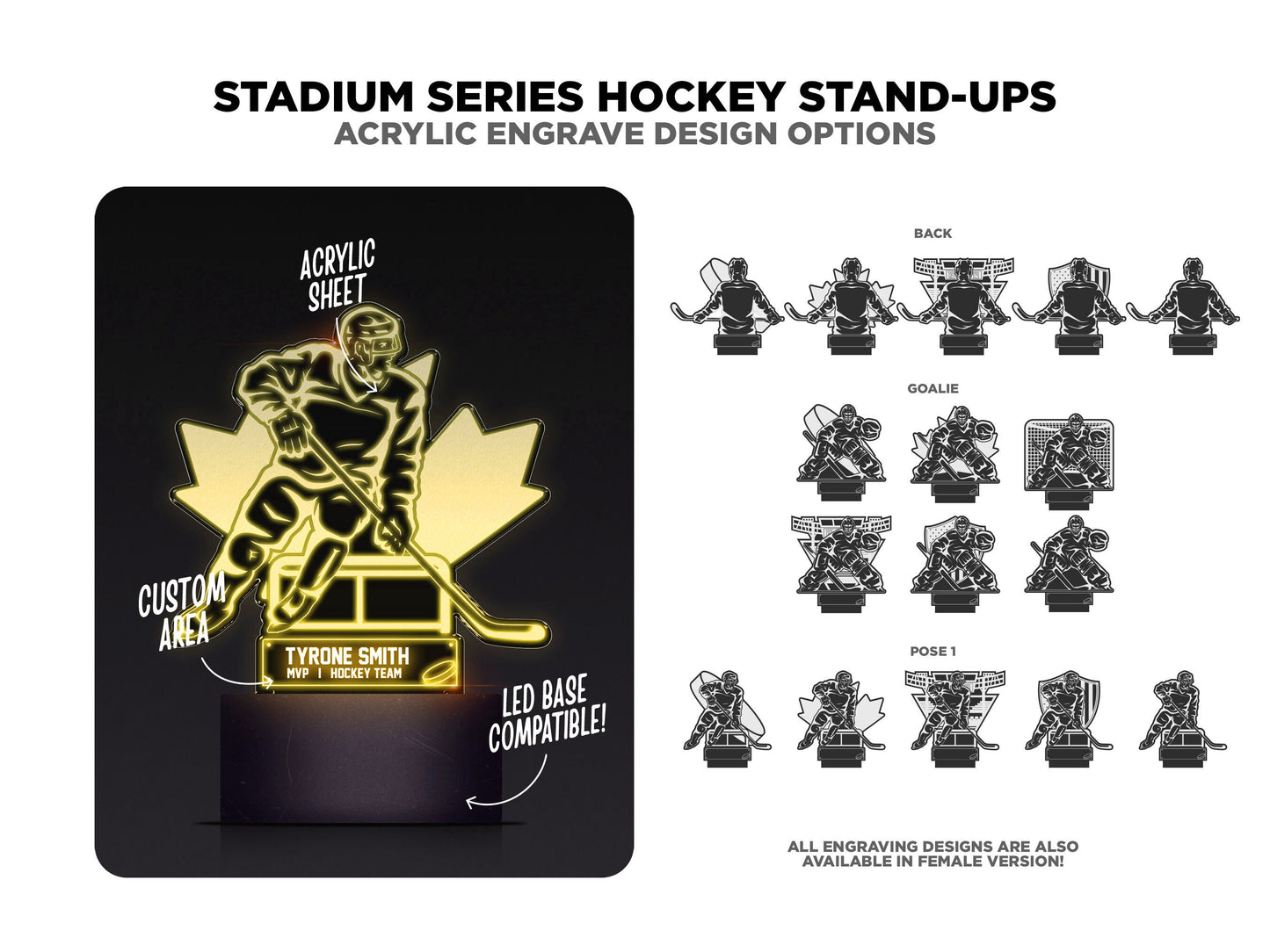 Stadium Series Stand Ups - Hockey - 3 poses in 2 cut formats and 1 engrave option with Male and Female - Tested on Glowforge & Lightburn