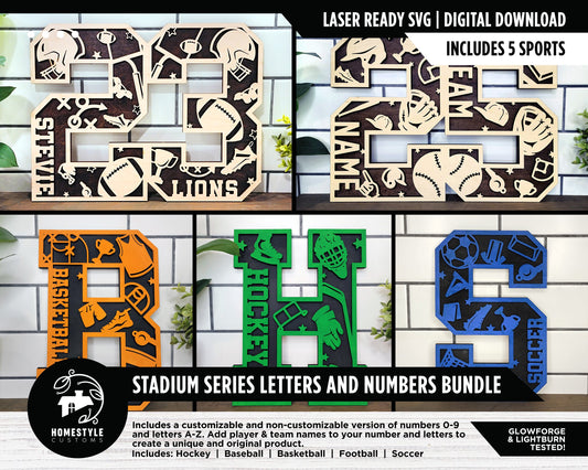 Stadium Series Letters and Numbers Bundle - Customizable and Non Customizable options included - Tested on Glowforge & Lightburn