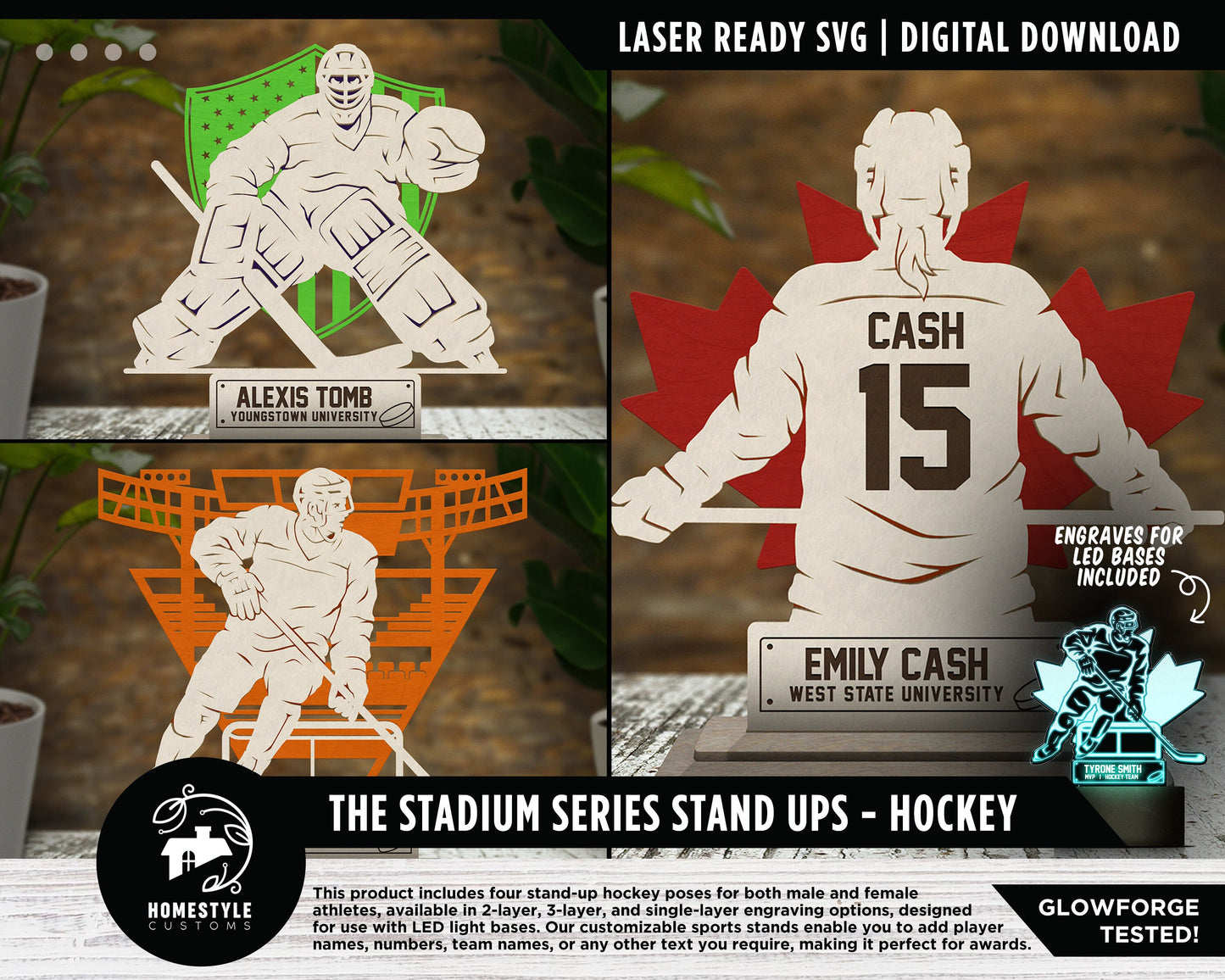 Stadium Series Stand Ups - Hockey - 3 poses in 2 cut formats and 1 engrave option with Male and Female - Tested on Glowforge & Lightburn