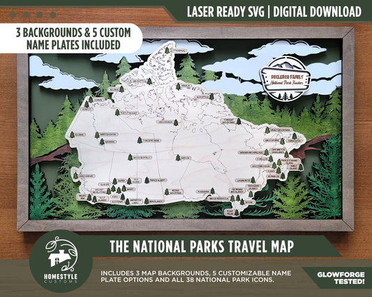 The Canadian National Parks Travel Map - 3 Backgrounds & 5 Customizable Name Plates - SVG, PDF, AI Files - Lightburn and Glowforge Tested