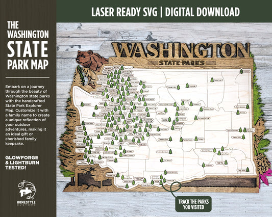 The Washington State Park Map - Custom and Non Customizable Options - SVG, PDF File Download - Tested in Lightburn and Glowforge