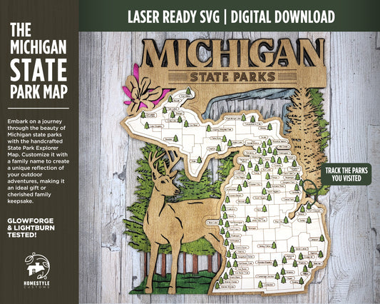 The Michigan State Park Map - Custom and Non Customizable Options - SVG, PDF File Download - Tested in Lightburn and Glowforge