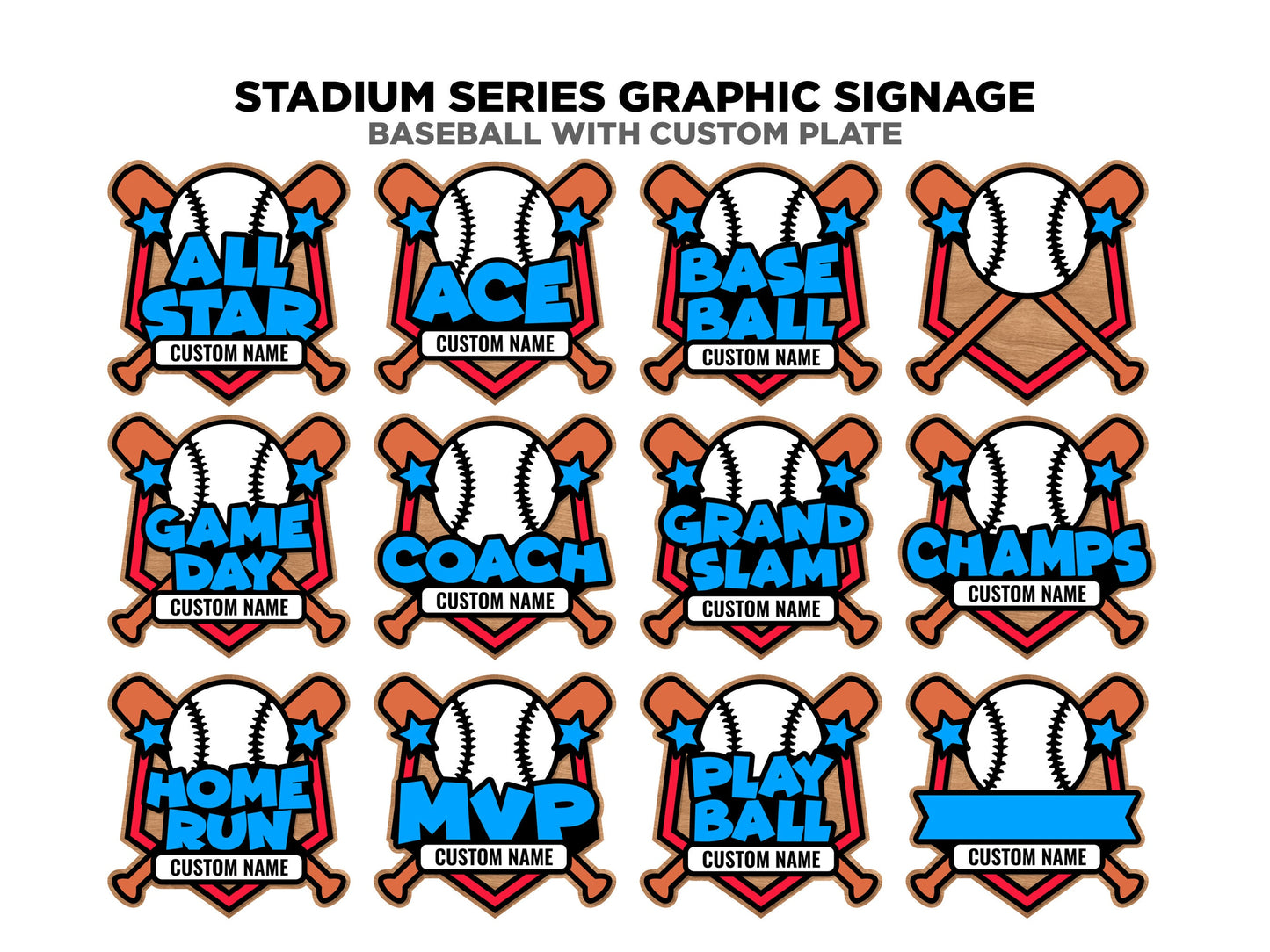 Stadium Series Graphic Signage - Baseball - 11 Custom and Non Custom Design options - SVG, PDF, AI Files - Tested on Glowforge & Lightburn