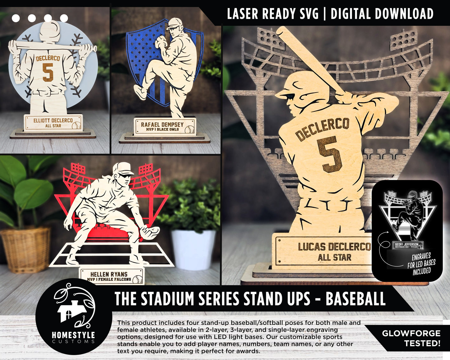 Stadium Series Stand Ups - Baseball - 4 poses in 2 cut formats and 1 engrave option with Male and Female - Tested on Glowforge & Lightburn