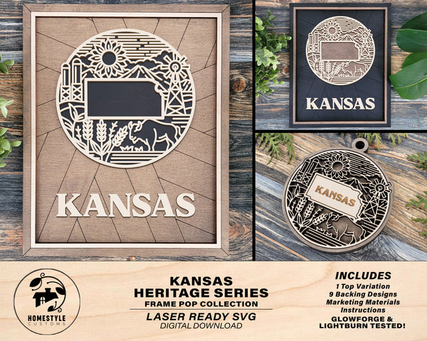 Kansas State Heritage Series - FramePop Collection - Ornaments and Signage -  SVG, PDF, ai File Download - Works with all Lasers