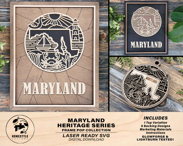 Maryland State Heritage Series - FramePop Collection - Ornaments and Signage -  SVG, PDF, ai File Download - Works with all Lasers