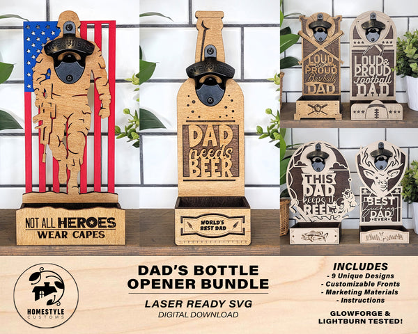 Dad's Bottle Opener Bundle - Includes 8 Bottle Opener Laser Designs - Tested on Glowforge & Lightburn