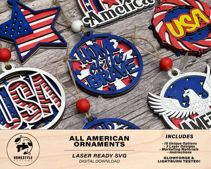 All American Ornaments - 15 Three layer Designs included  - SVG, PDF, AI File Download - Glowforge and Lightburn Tested
