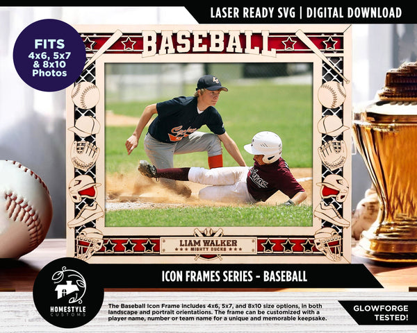 Baseball Icon Frames - Includes Frame Sizes 4x6, 5x7, 8x10 in Landscape and Portrait - Works with all Lasers