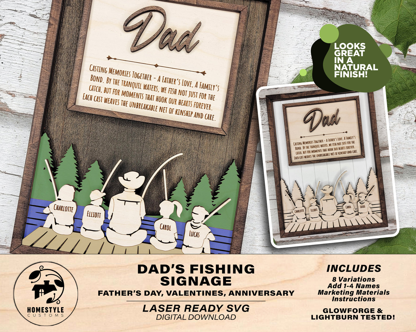 Dad's Fishing Signage - 1-4 Name - 8 variations of 'Dad' - Tested on Glowforge, Xtool & Lightburn