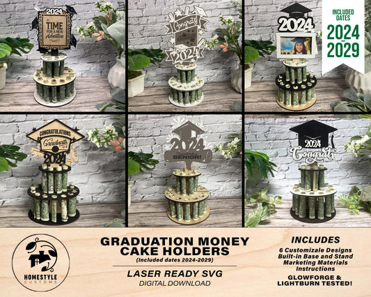 Graduation Money Cake Holders - Includes 6 Designs and Dates 2024 to 2029 - Fits all Material Thickness - Tested on Glowforge & Lightburn