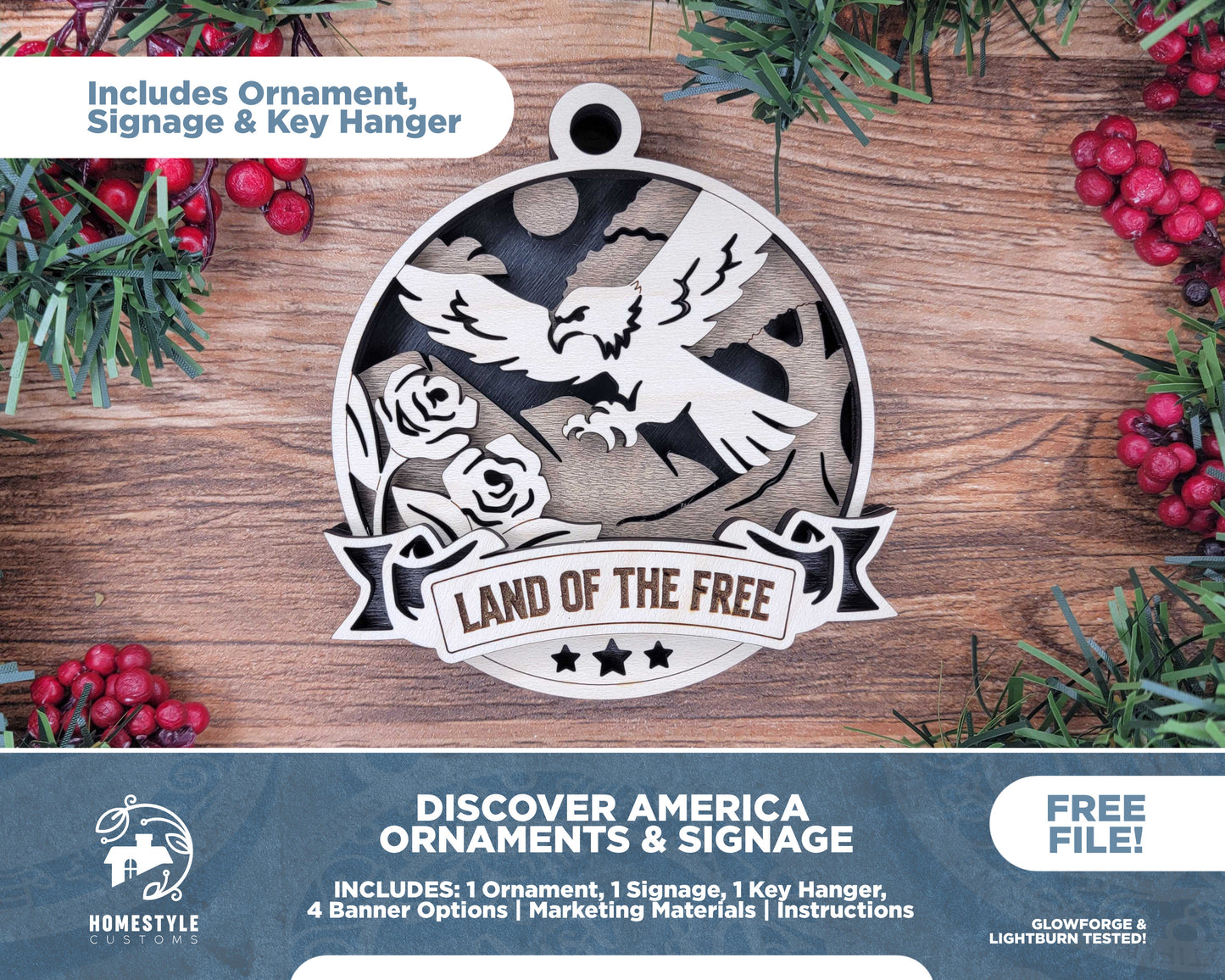 Discover America USA Free Preview - Ornaments, Signage & Key Hanger - SVG, PDF, AI File types - Works With All Lasers