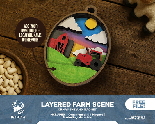 Layered Farm Scene - Ornament and Magnet - SVG, PDF, AI File Download - Works with all Laser Types