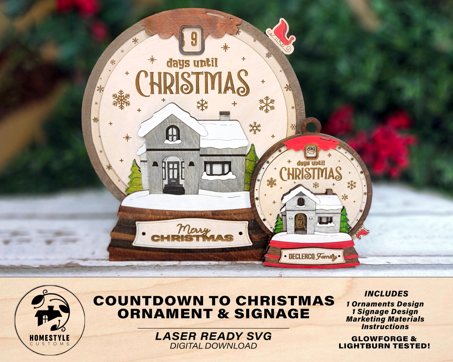 Countdown To Christmas - Ornament & Signage - Personalize with a Family Name- SVG, PDF, AI File types - Works With All Lasers