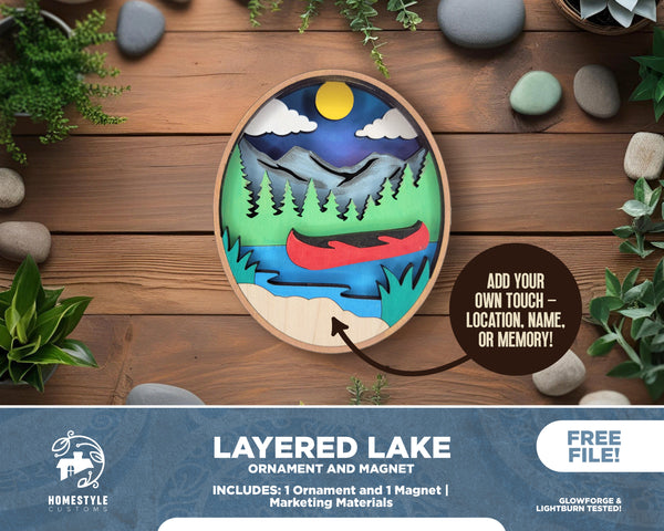 Layered Lake Scene - Ornament and Magnet - SVG, PDF, AI File Download - Works with all Laser Types