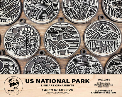 US National Park Line Art Ornaments - 63 Parks includes -  SVG, PDF, ai File Download - Works with all Lasers