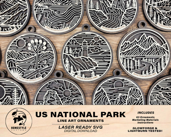 US National Park Line Art Ornaments - 63 Parks includes -  SVG, PDF, ai File Download - Works with all Lasers