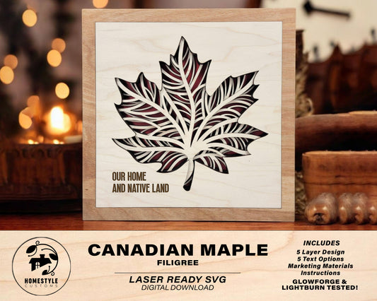 Canadian Maple Filigree - 5 Layer Design with 6 Text Options - SVG, PDF, AI File Download - Works with all Laser Types