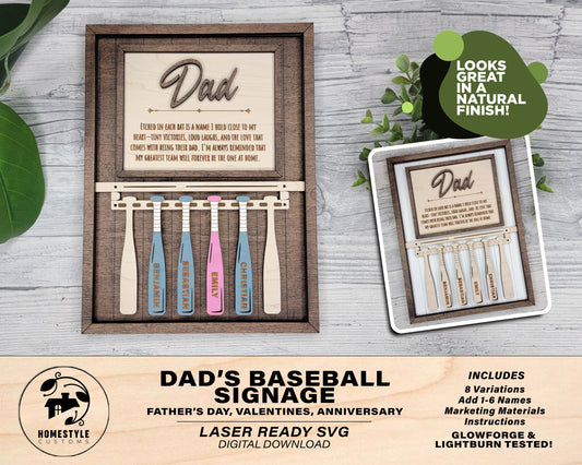 Dad's Baseball Signage - 1-6 Names - 8 variations of 'Dad' - SVG, PDF, AI File Download - Works with all Laser Types