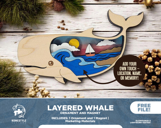 Layered Whale - Ornament and Magnet - SVG, PDF, AI File Download - Works with all Laser Types