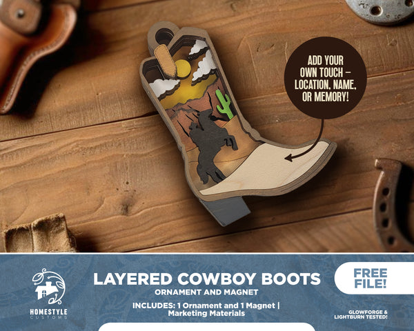 Layered Cowboy Boots - Ornament and Magnet - SVG, PDF, AI File Download - Works with all Laser Types