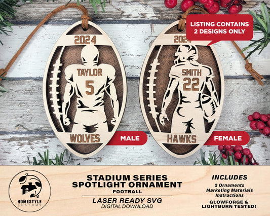 Stadium Series Spotlight Ornaments - Football Male and Female Options - SVG, PDF, AI File Download - Works with all Laser Types