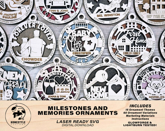 Milestones and Memories Ornaments - 15 Themes and 4 Variations Per Theme - SVG, PDF, AI File Download - Works with all lasers