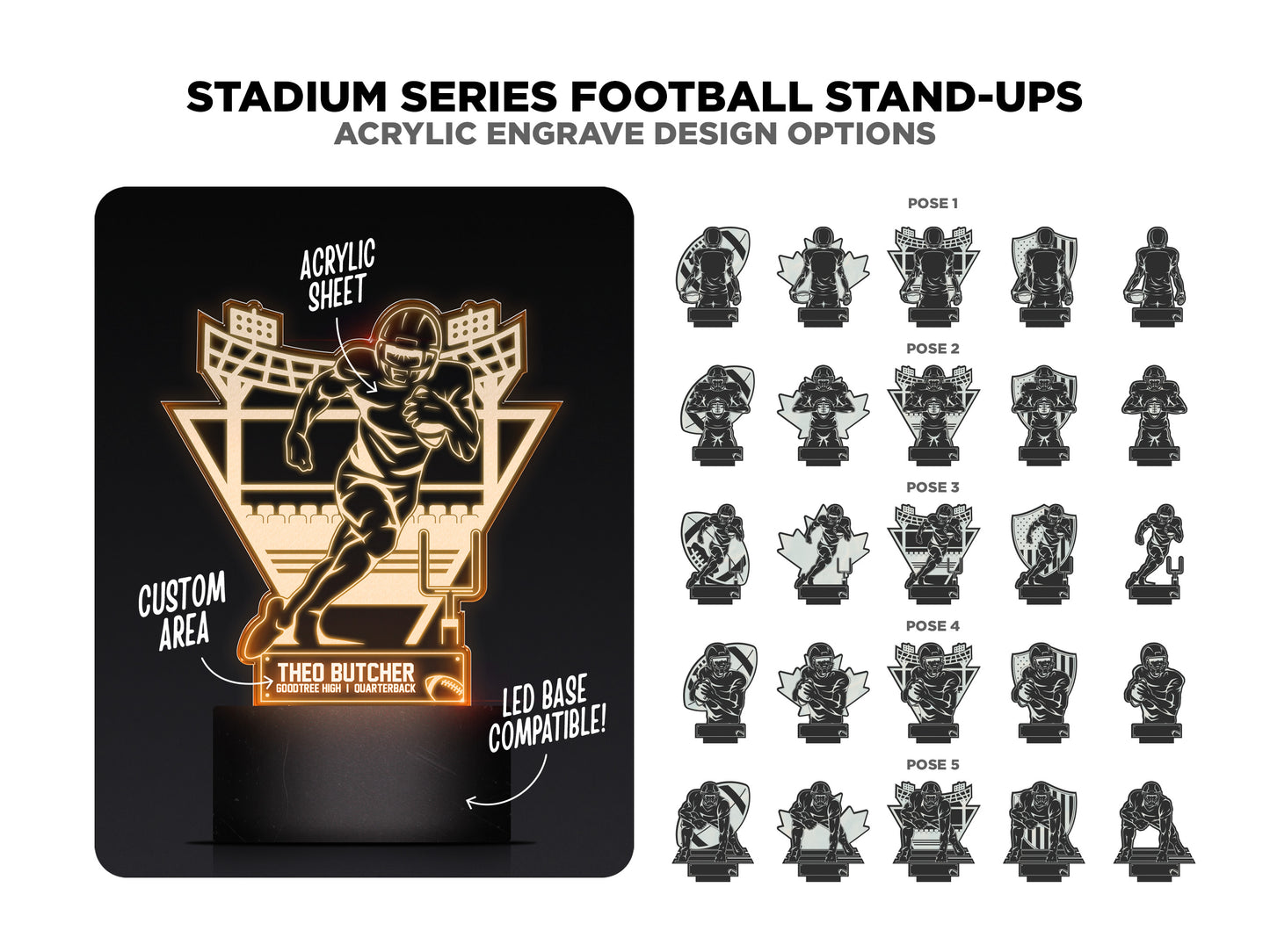 Stadium Series Stand Ups - Football - 5 poses in 2 cut formats and 1 engrave option included - Tested on Glowforge & Lightburn