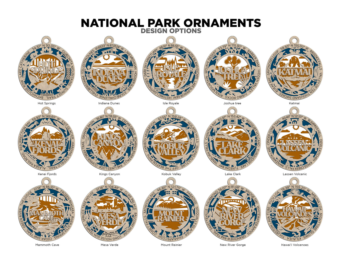 National Park Ornaments - 63 park ornaments - 2 ornament designs per Park - SVG, PDF, AI File Download - Tested On Glowforge and LightBurn