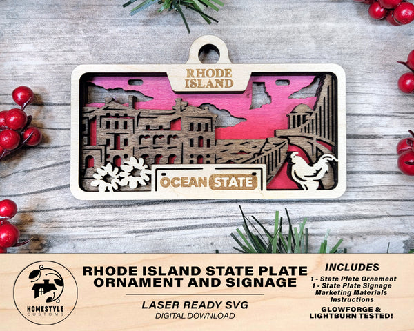 Rhode Island State Plate Ornament and Signage - SVG File Download - Sized for Glowforge - Laser Ready Digital Files