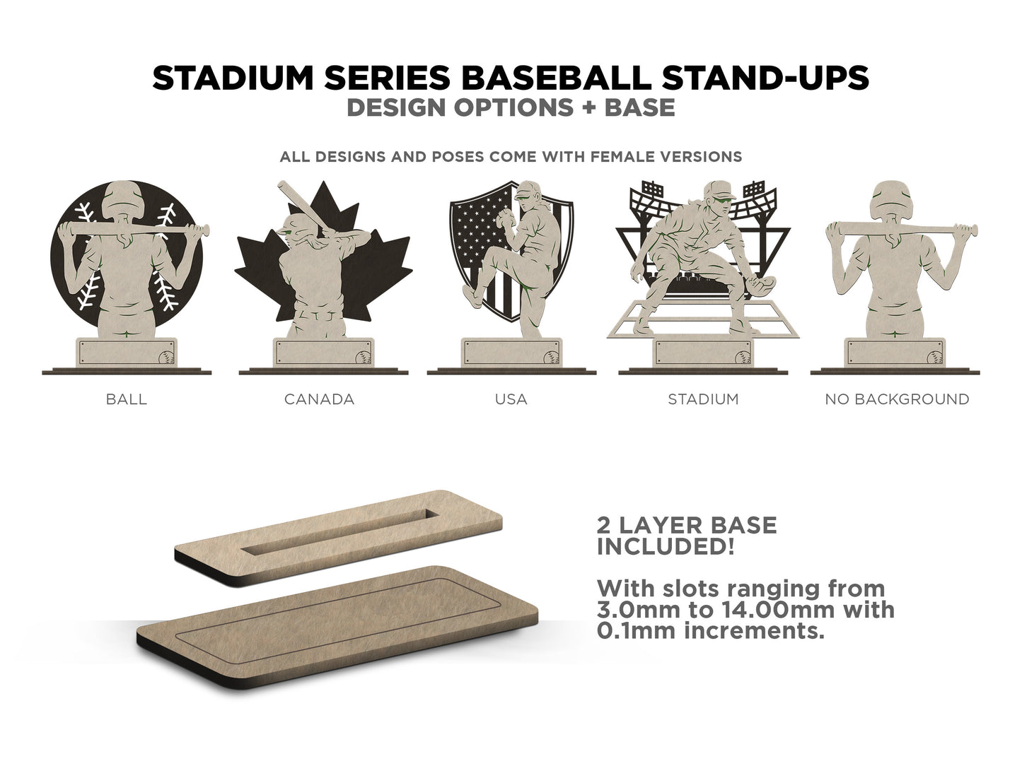 Stadium Series Stand Ups - Baseball - 4 poses in 2 cut formats and 1 engrave option with Male and Female - Tested on Glowforge & Lightburn