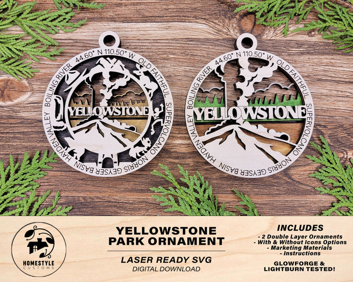 Yellowstone Park Ornament - Includes 2 Ornaments - Laser Design SVG, PDF, AI File Download - Tested On Glowforge and LightBurn