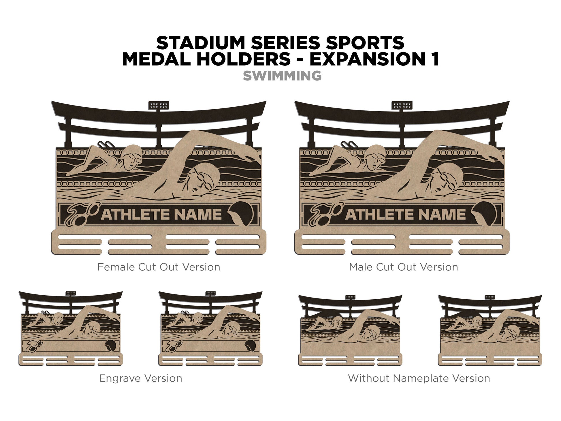 Stadium Series Medal Holders - Swimming - SVG, PDF, AI Files - Glowforge & Lightburn Tested