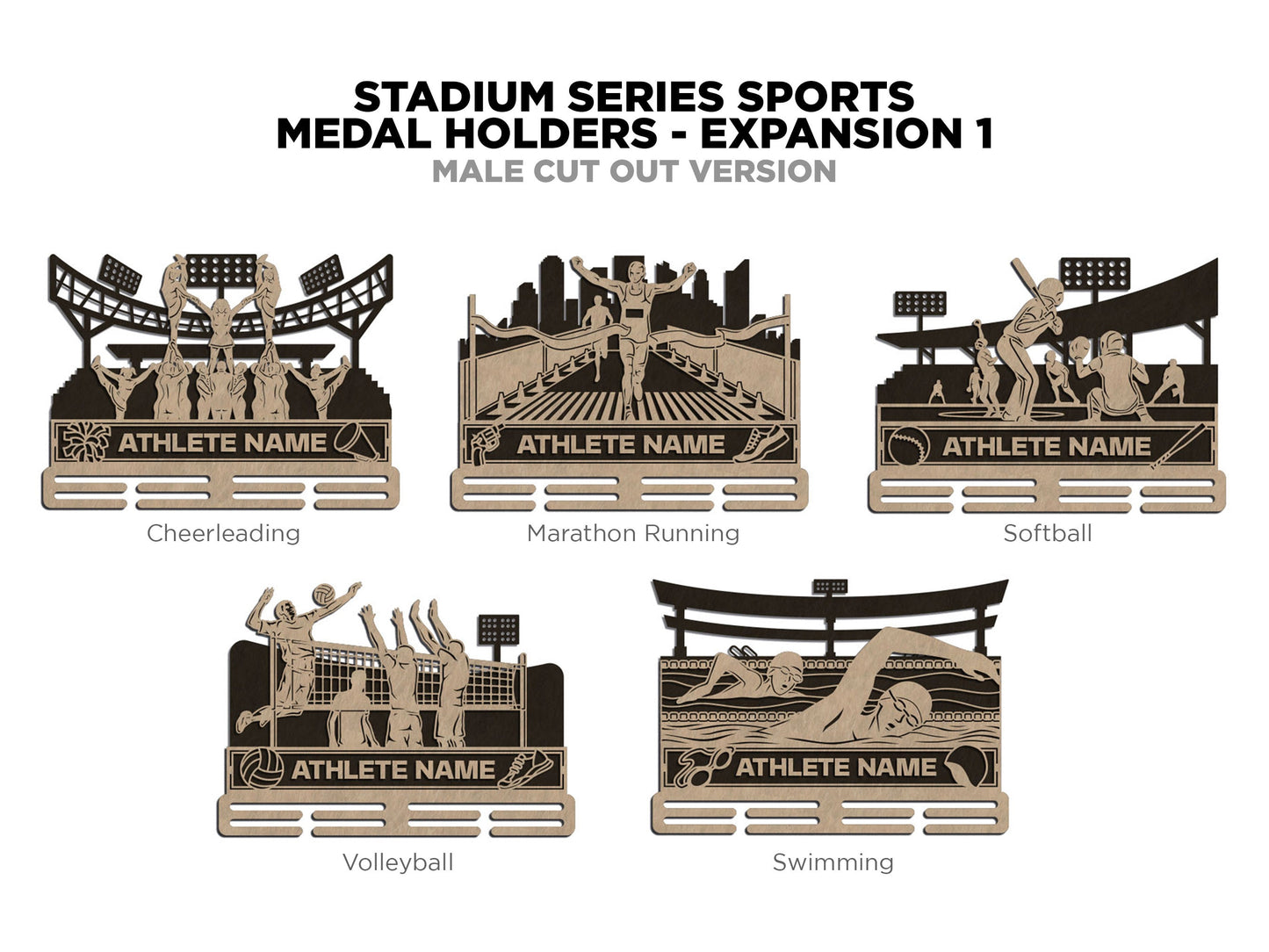 Stadium Series Medal Holders Expansion 1 - 5 Sports Included - Male and Female Versions - SVG, PDF, AI Files - Glowforge & Lightburn Tested