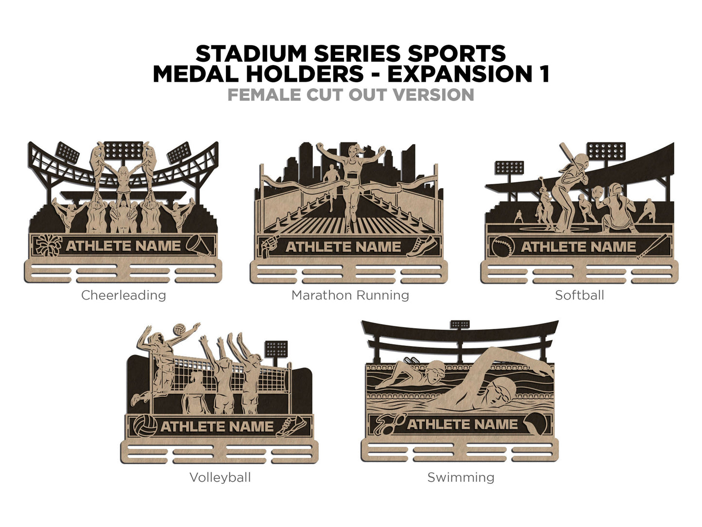 Stadium Series Medal Holders Expansion 1 - 5 Sports Included - Male and Female Versions - SVG, PDF, AI Files - Glowforge & Lightburn Tested