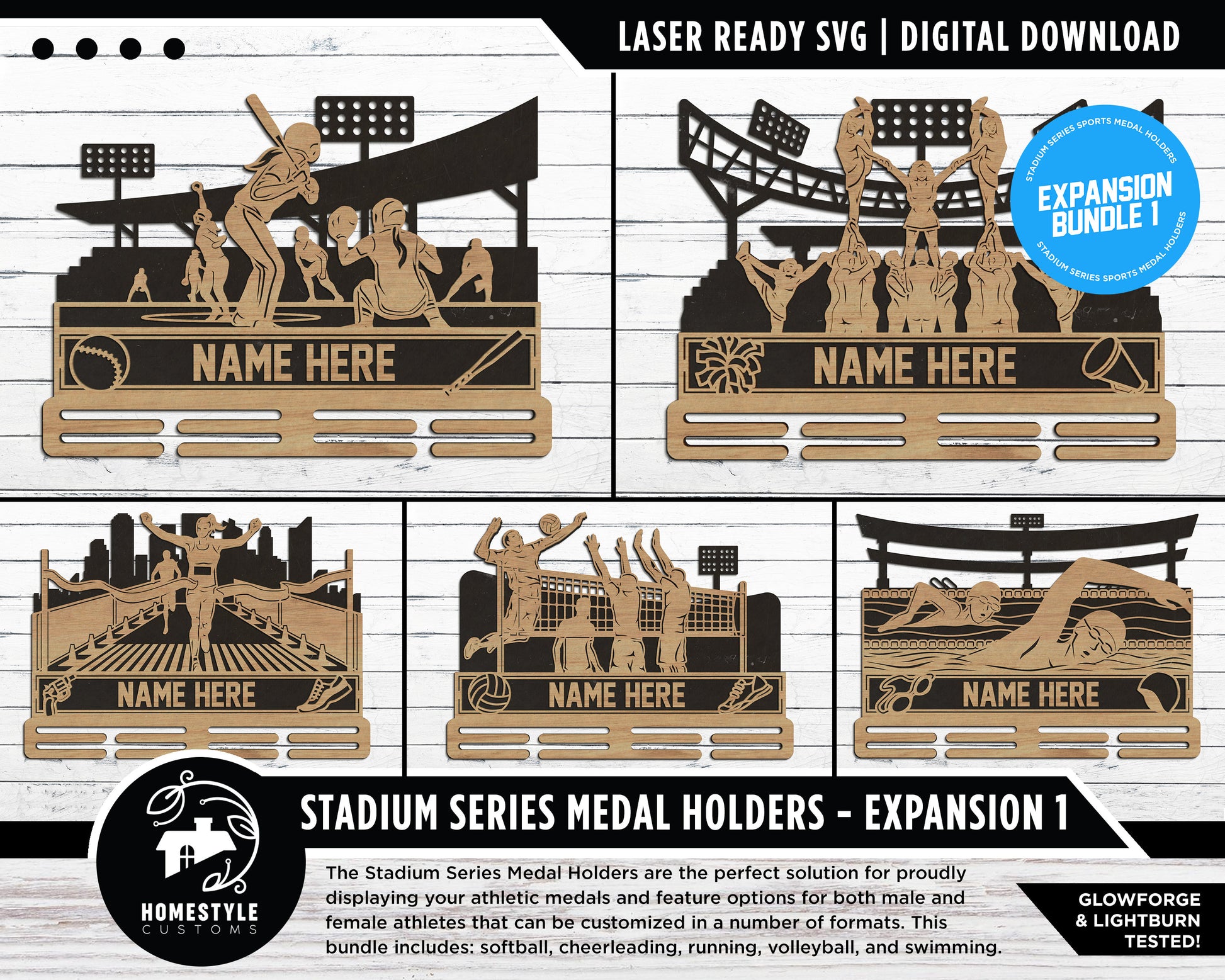 Stadium Series Medal Holders Expansion 1 - 5 Sports Included - Male and Female Versions - SVG, PDF, AI Files - Glowforge & Lightburn Tested