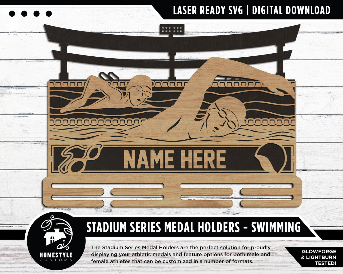 Stadium Series Medal Holders - Swimming - SVG, PDF, AI Files - Glowforge & Lightburn Tested