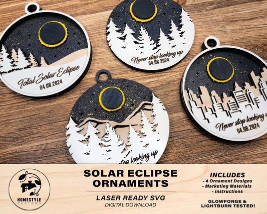 Solar Eclipse Ornaments - 4 Unique Ornament Designs - Tested on Glowforge & Lightburn
